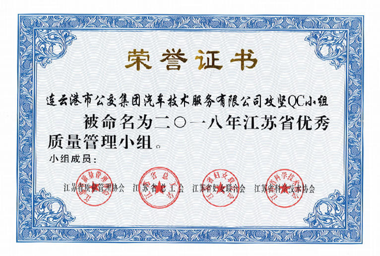 公交集團機務(wù)技術(shù)事業(yè)部“攻堅”QC小組喜獲江蘇省優(yōu)秀質(zhì)量管理小組稱號